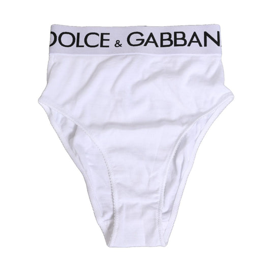 Dolce & Gabbana White Cotton Stretch High Waist Panty Underwear with logo waistband, made in Italy.
