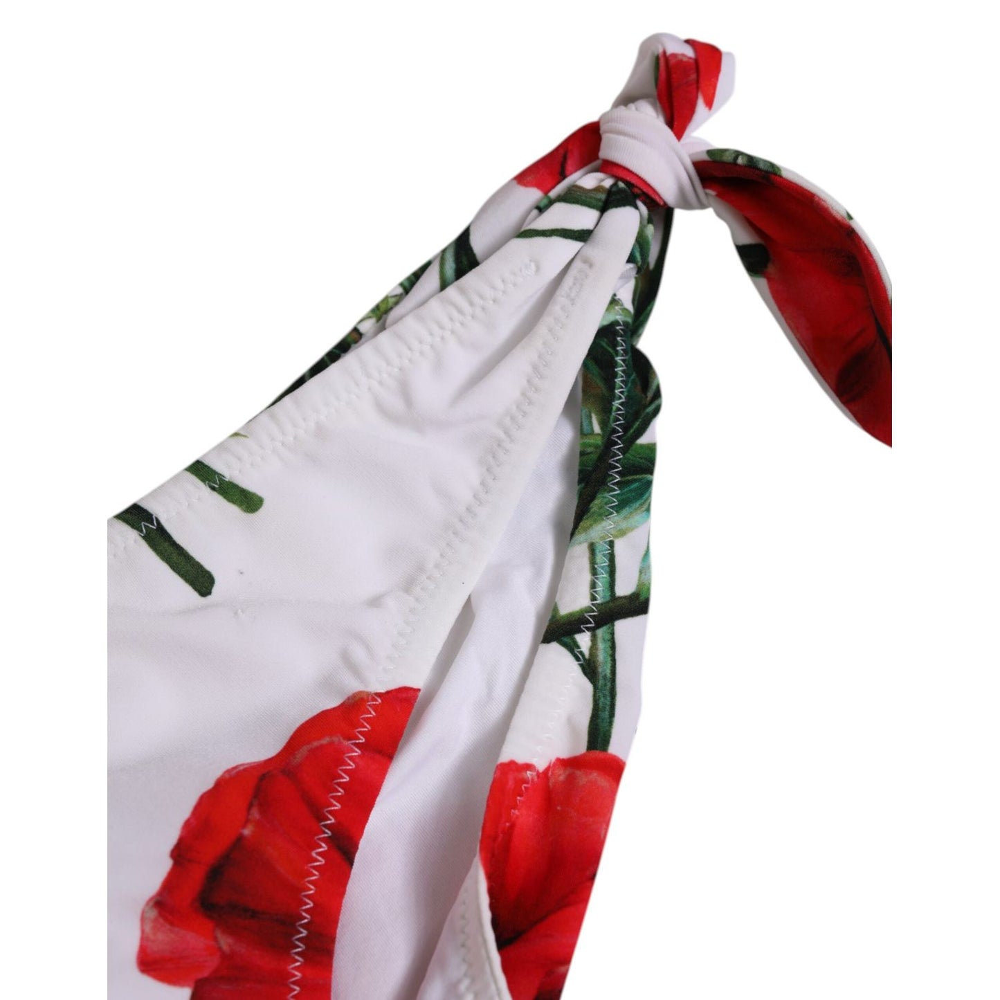 Close-up of Dolce & Gabbana White Floral Swimsuit 2 Piece Top Bottom Swimwear featuring vibrant floral design.