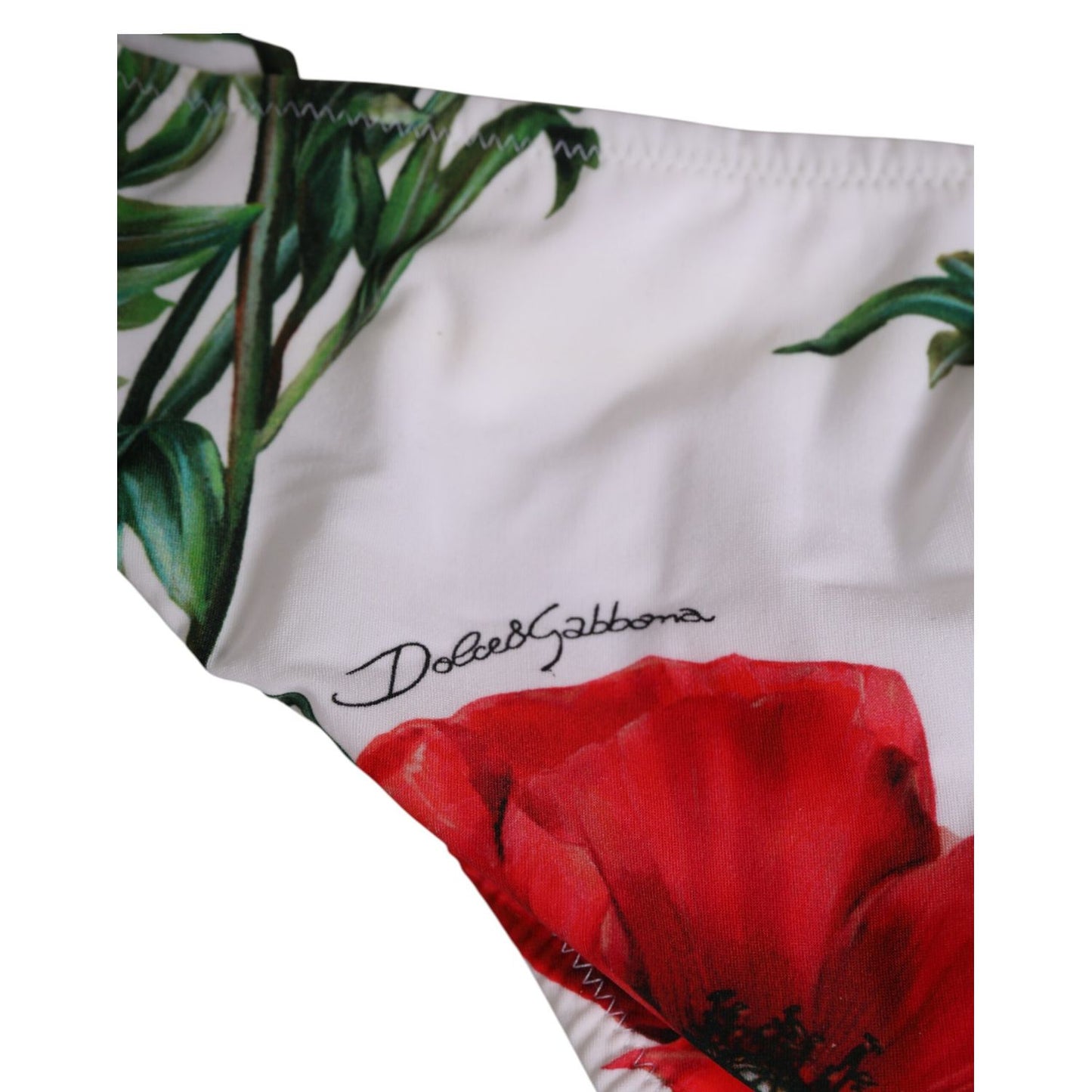 Dolce & Gabbana White Floral Swimsuit 2 Piece Top Bottom Swimwear with red floral print and designer logo detail.