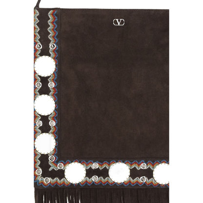 Valentino Garavani Brown Calf Leather Bos Taurus Shoulder Bag with fringes and studded trim