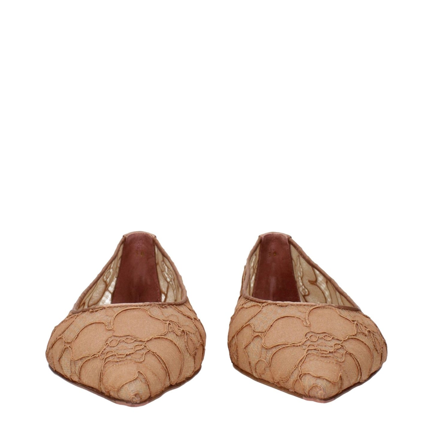Amina Muaddi Beige Fabric Ballet Flats with lace embellishments, front view.