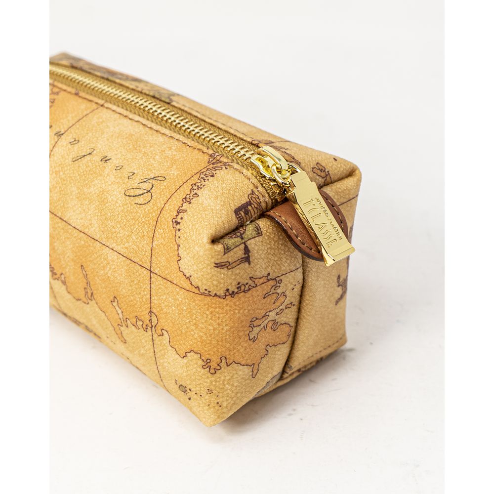 Alviero Martini Prima Classe Beige Cotton Clutch Bag with map design and gold zipper, elegant accessory for essentials.