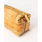 Alviero Martini Prima Classe Beige Cotton Clutch Bag with map design and gold zipper, elegant accessory for essentials.