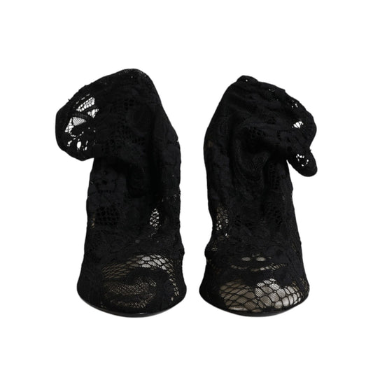 Dolce & Gabbana Black Lace Stretch Heels Mid Calf Boots Shoes