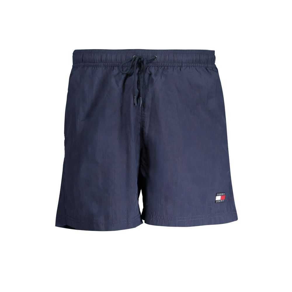 Tommy Hilfiger Blue Nylon Swimwear medium swimming boxer with logo patch, elastic waist, and drawstring, made from 95% recycled nylon.