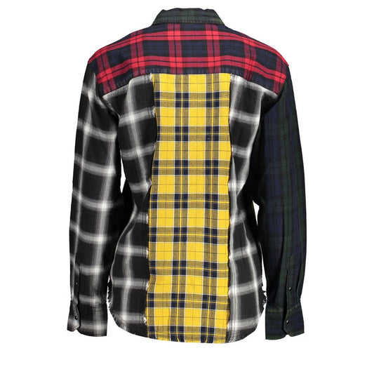 Desigual Black Cotton Shirt with plaid pattern, long sleeves, Italian collar, contrasting details, and logo, back view.