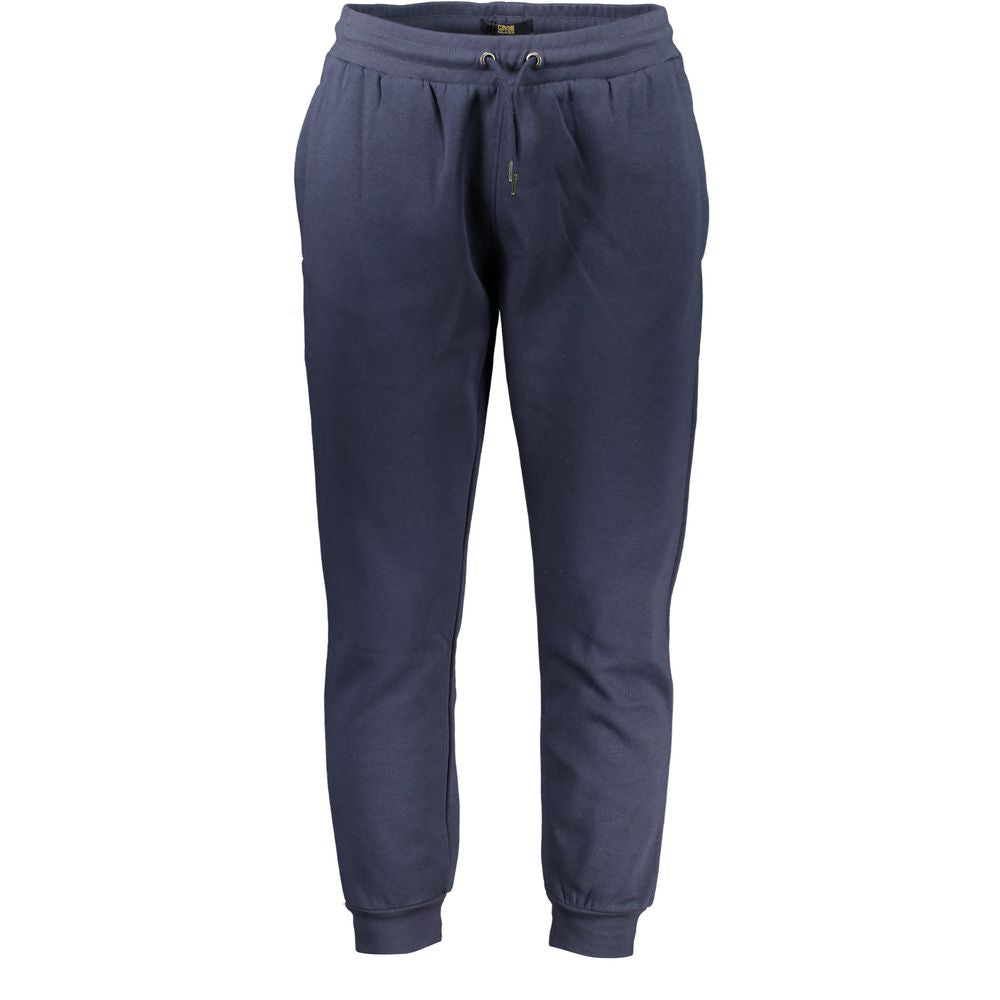 Cavalli Class Blue Cotton Pant with elastic waist, lace tie, 3 pockets, ankle cuff, embroidery, logo.