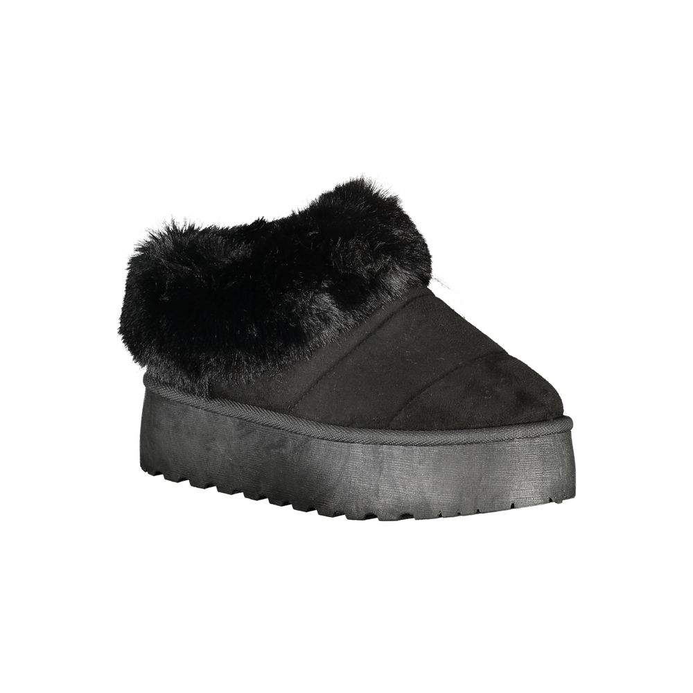 Laura Biagiotti Black Polyester Women Sneaker with fur detail and 4 cm wedge heel, showcasing sporty-chic elegance and glamour.