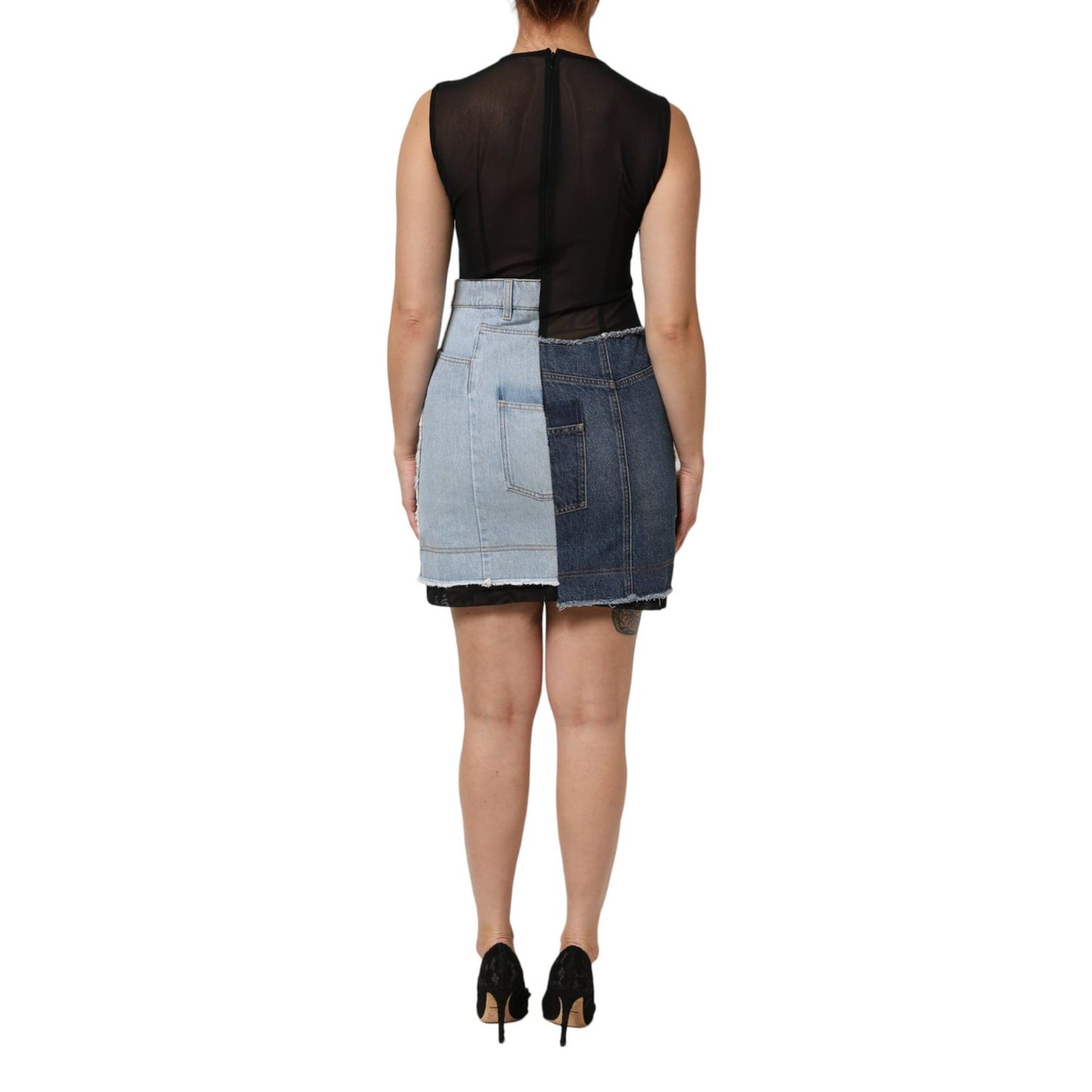 Dolce & Gabbana Blue Nylon Patchwork Denim Sheath Mini Dress