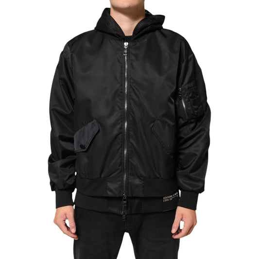 Dolce & Gabbana Black Nylon Hooded Full Zip Bomber Men Jacket