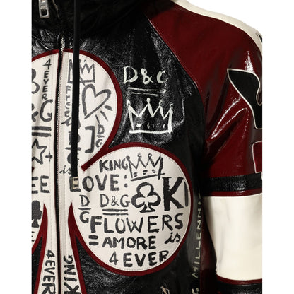 Dolce & Gabbana Multicolor Hooded Leather DG King Men Biker Jacket