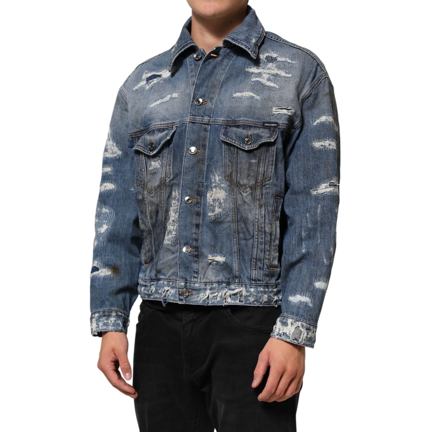 Dolce & Gabbana Blue Cotton Tattered Denim Blouson Jacket