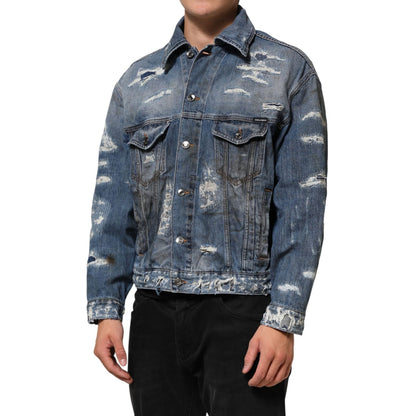 Dolce & Gabbana Blue Cotton Tattered Denim Blouson Jacket