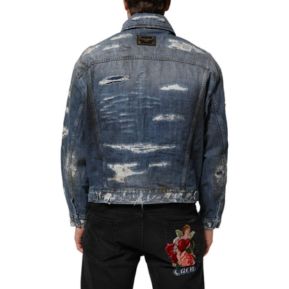 Dolce & Gabbana Blue Cotton Tattered Denim Blouson Jacket