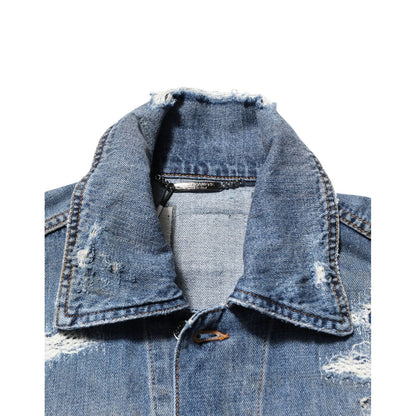 Dolce & Gabbana Blue Cotton Tattered Denim Blouson Jacket