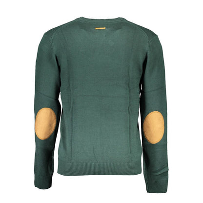Gianmarco Venturi Green Cotton Sweater with long sleeves, crew-neck, embroidery, contrasting elbow patches, and logo detail.