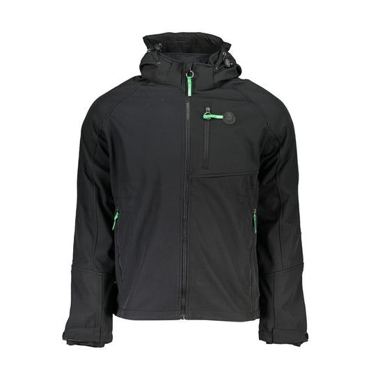 Gianmarco Venturi Black Polyester Jackets & Coat with removable hood, long sleeves, contrast details, and logo application.