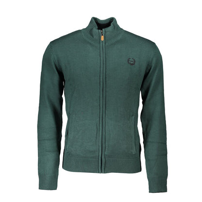 Gianmarco Venturi Green Cotton Sweater with long sleeves, zip, embroidery, pockets, contrast details, and logo.