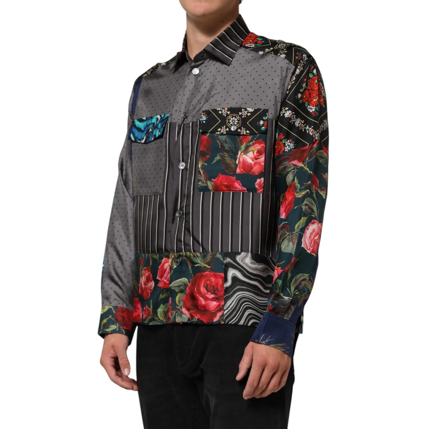 Dolce & Gabbana Multicolor Patchwork Long Sleeves Silk Shirt