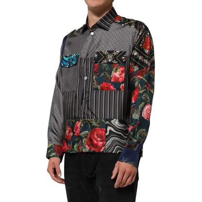 Dolce & Gabbana Multicolor Patchwork Long Sleeves Silk Shirt