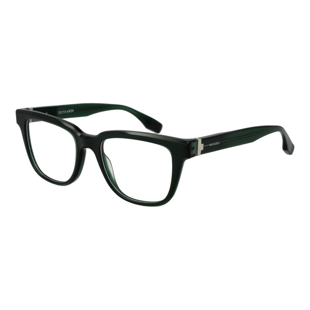 Trussardi Green Acetate Glasses (Frames) full-rim rectangle style for men with demo lenses, spring hinge, includes branded case.