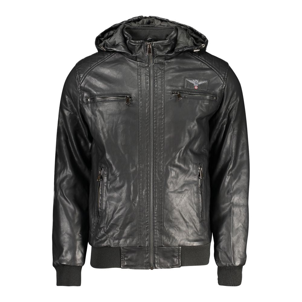 Accademia Militare Black Polyester Men's Jacket with detachable hood and zipper detail
