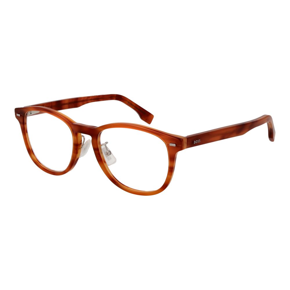 Hugo Boss Brown Acetate Glasses (Frames) for men, panto style, full-rim, with branded case, size 52-20-145, spring hinge.