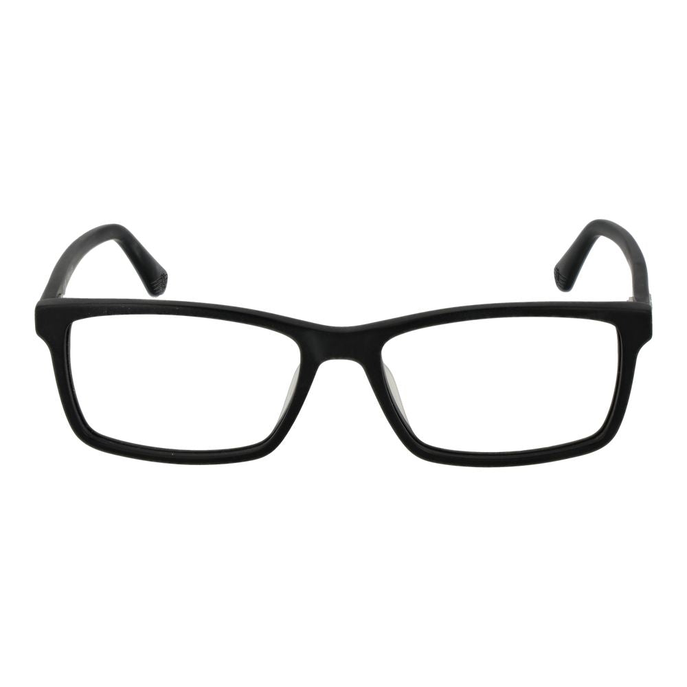 Police Black Cellulose Acetate Glasses (Frames) in rectangular full-rim style with demo lenses, suitable for men, featuring spring hinges.