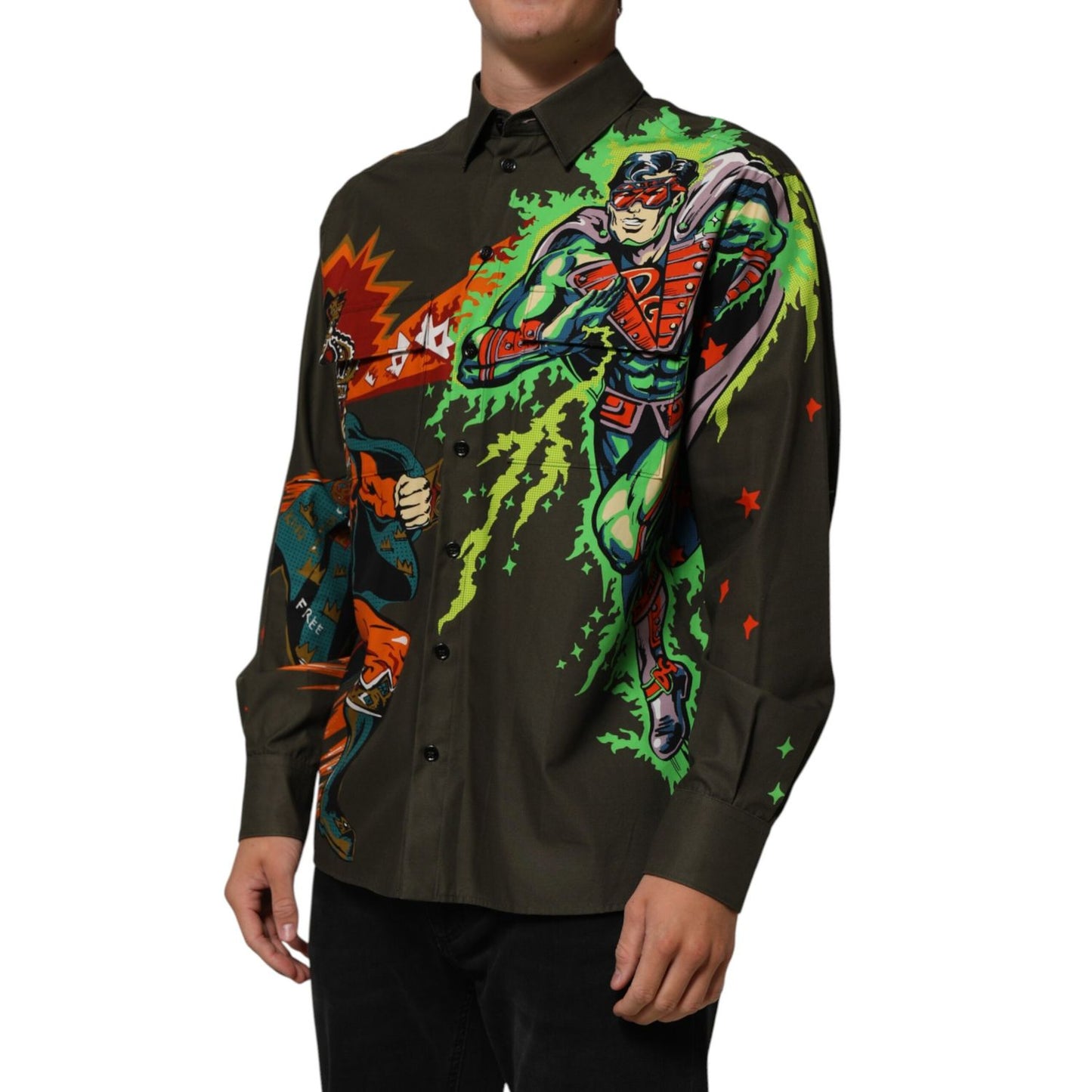 Dolce & Gabbana Green Superhero Print Button Down Shirt