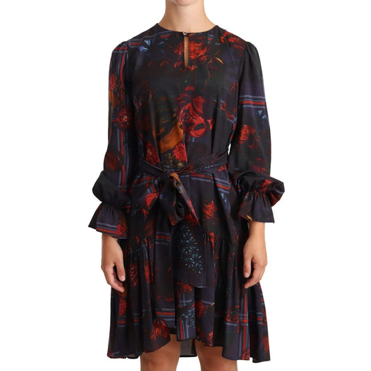 Ballantyne A-line Navy Blue Floral Silk Long Sleeve Knee Length Dress