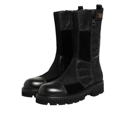 Dolce & Gabbana Black Patchwork Leather Mid Calf Boot  Shoes