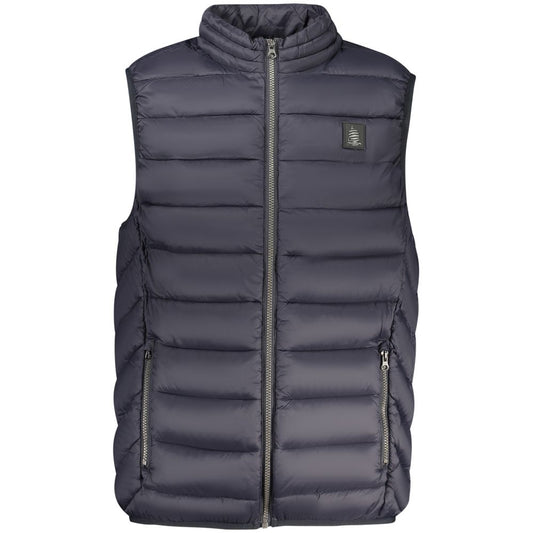 Marina Yachting Blue Polyamide Men Jacket featuring sleeveless design with chic appliqué and practical pockets.