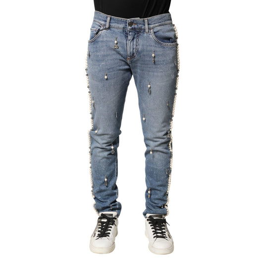 Dolce & Gabbana Blue Embellished Cotton Skinny Denim Jeans