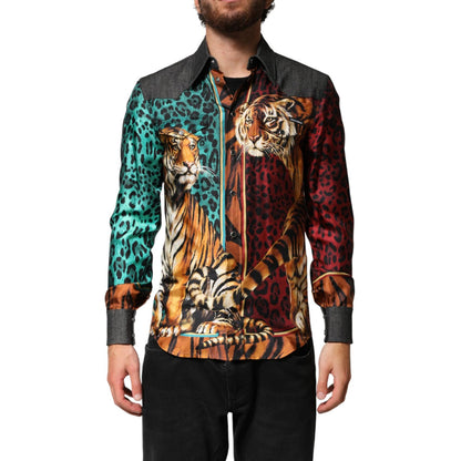 Dolce & Gabbana Multicolor Tiger Leopard Print Silk Men Shirt