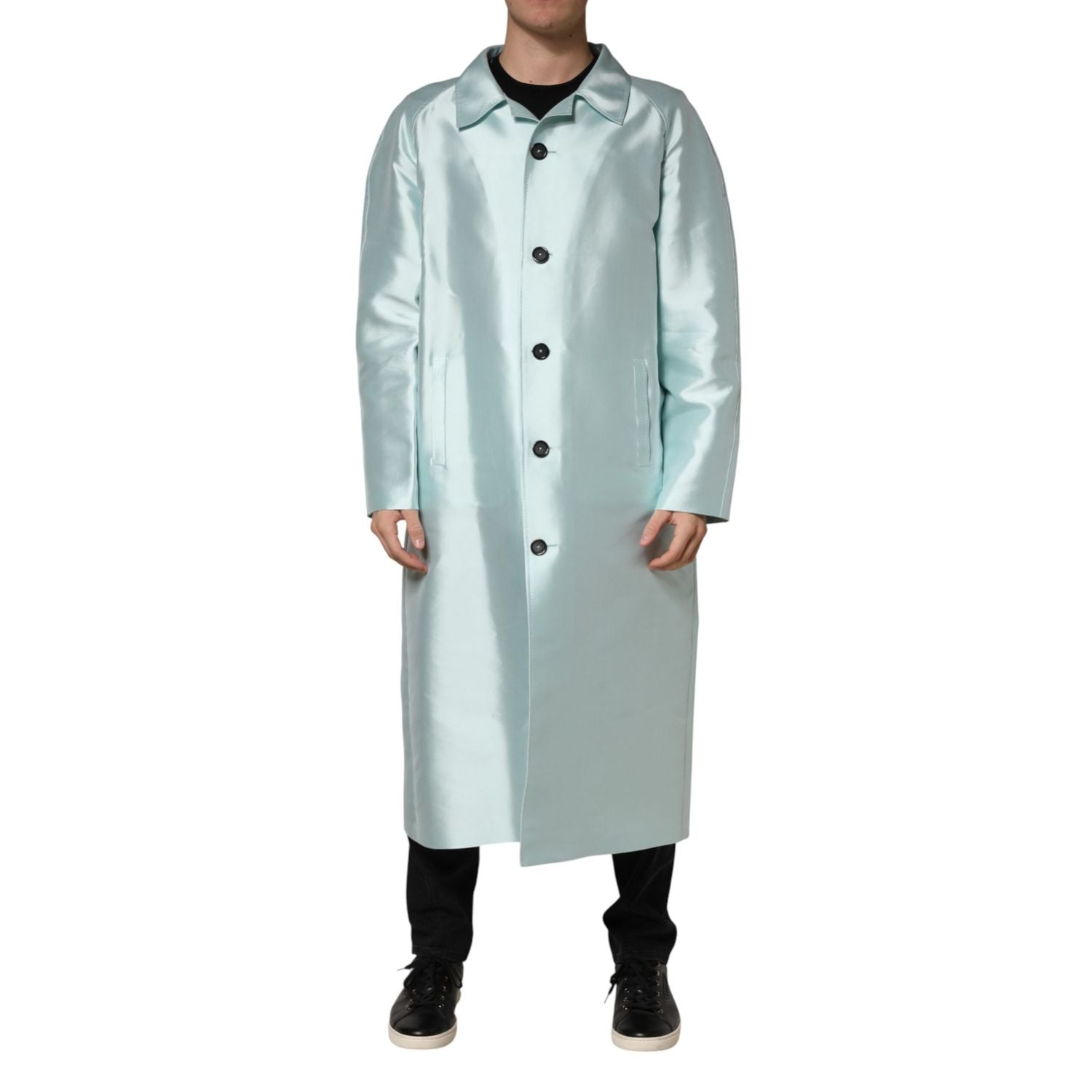 Dolce & Gabbana Teal Satin Collared Long Trench Coat Jacket