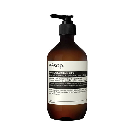 AESOP Geranium Leaf body balm 500ml bottle with pump dispenser for skincare.