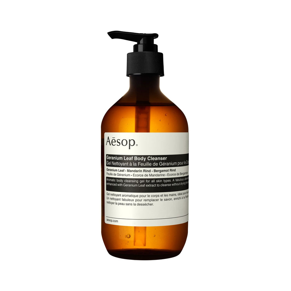 AESOP Geranium Leaf body cleanser 500ml bottle with pump dispenser
