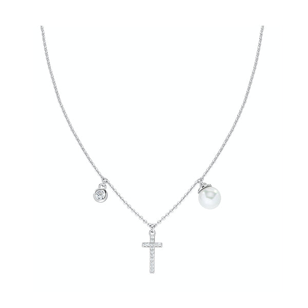 Silver necklace with cross, pearl, and gemstone; AMEN JEWELRY Mod. CLCRPEBBZ