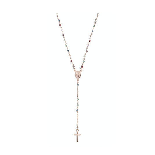 AMEN JEWELRY Mod. CRO25RMU4 necklace featuring a delicate rosary design with multicolored beads and cross pendant.