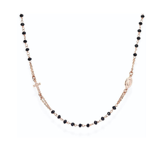 Elegant AMEN JEWELRY Mod. CRORNZ3 necklace made in Italy with Silver 925°, featuring black beads and cross charm, in official box.