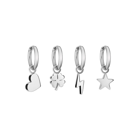 AN JEWELS JEWELRY Mod. AB.EP047 silver charm hoop earrings set with heart, clover, lightning, and star designs.