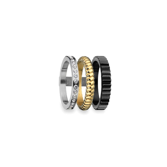 AN JEWELS JEWELRY Mod. AR.R3NS03SYK-9 featuring a set of three rings in silver, gold, and black on a white background