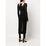 Back view of ANDREĀDAMO Andrea Adamo Sweaters Black semi-sheer racerback knitted cardigan with ribbed detailing and long sleeves.