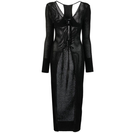 Alt Tag: ANDREĀDAMO Andrea Adamo Sweaters Black semi-sheer racerback knitted cardigan with ribbed detailing and front tie fastening.