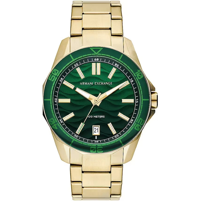 A|X ARMANI EXCHANGE Mod. SPENCER men's wristwatch with green dial and gold stainless steel strap, 10 ATM water resistant, quartz movement.