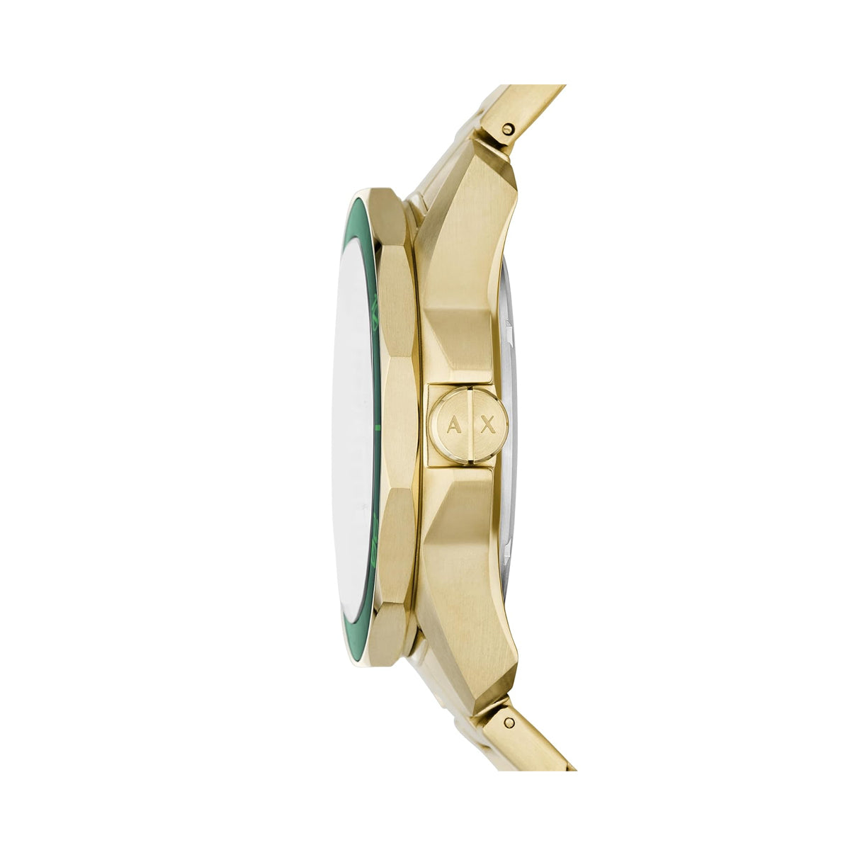 Side view of A|X ARMANI EXCHANGE Mod. SPENCER wristwatch in gold stainless steel with quartz movement and mineral dial, 10 ATM water resistance.