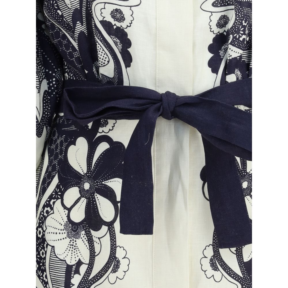Close-up of sash tie and graphic print on Alemais Multicolor Linen Casual Dress