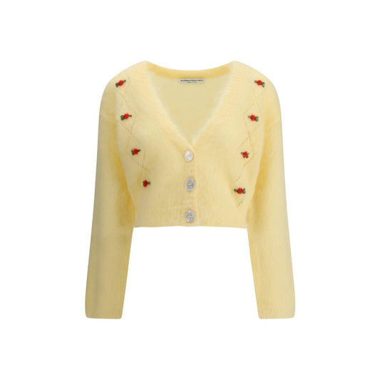 Alessandra Rich Yellow Mohair Cardigan with floral embroidery, V-neckline, and button closure. Retro-inspired design for AW25 season.