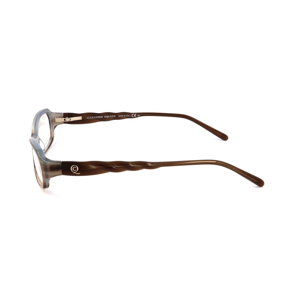 Side view of Alexander McQueen Brown Acetate Frames showcasing temple design and material details, size 52/15/135 mm.
