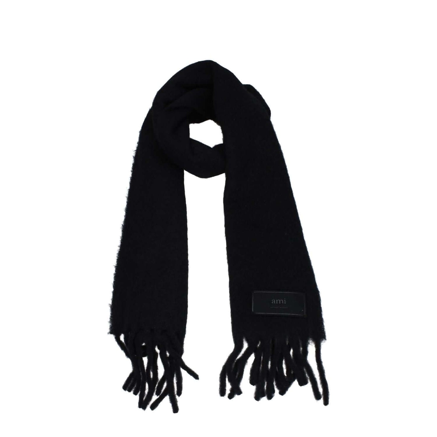 Ami Paris Black Leather Scarf with fringes and side logo, made from alpaca, size 38x200 cm. Casual style, SKU USF417AA00034001.